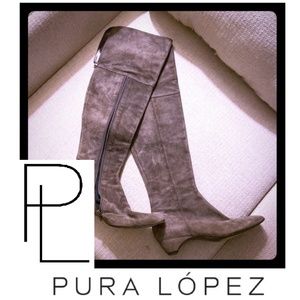 Barney’s Pura López Grey Suede Over Knee Boots